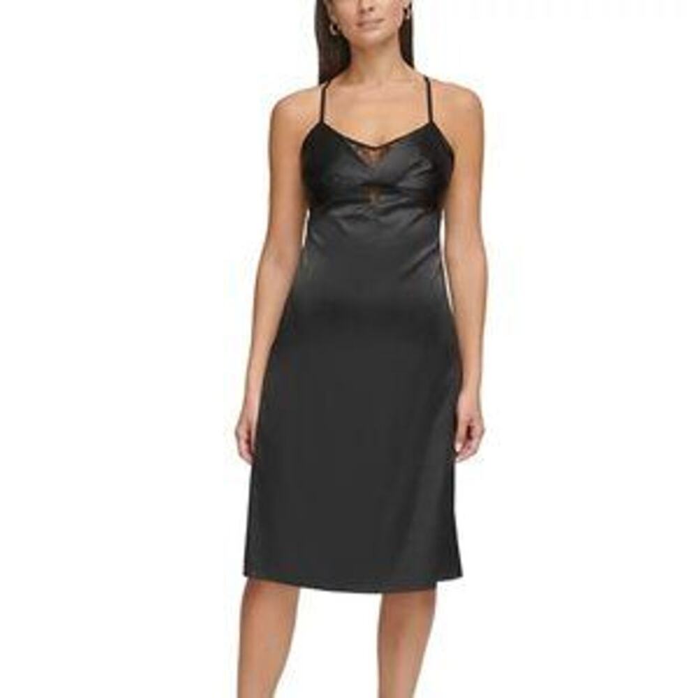 GUESS Women's Black Lace-Trim Sleeveless Slip Dress Size 14 NWT